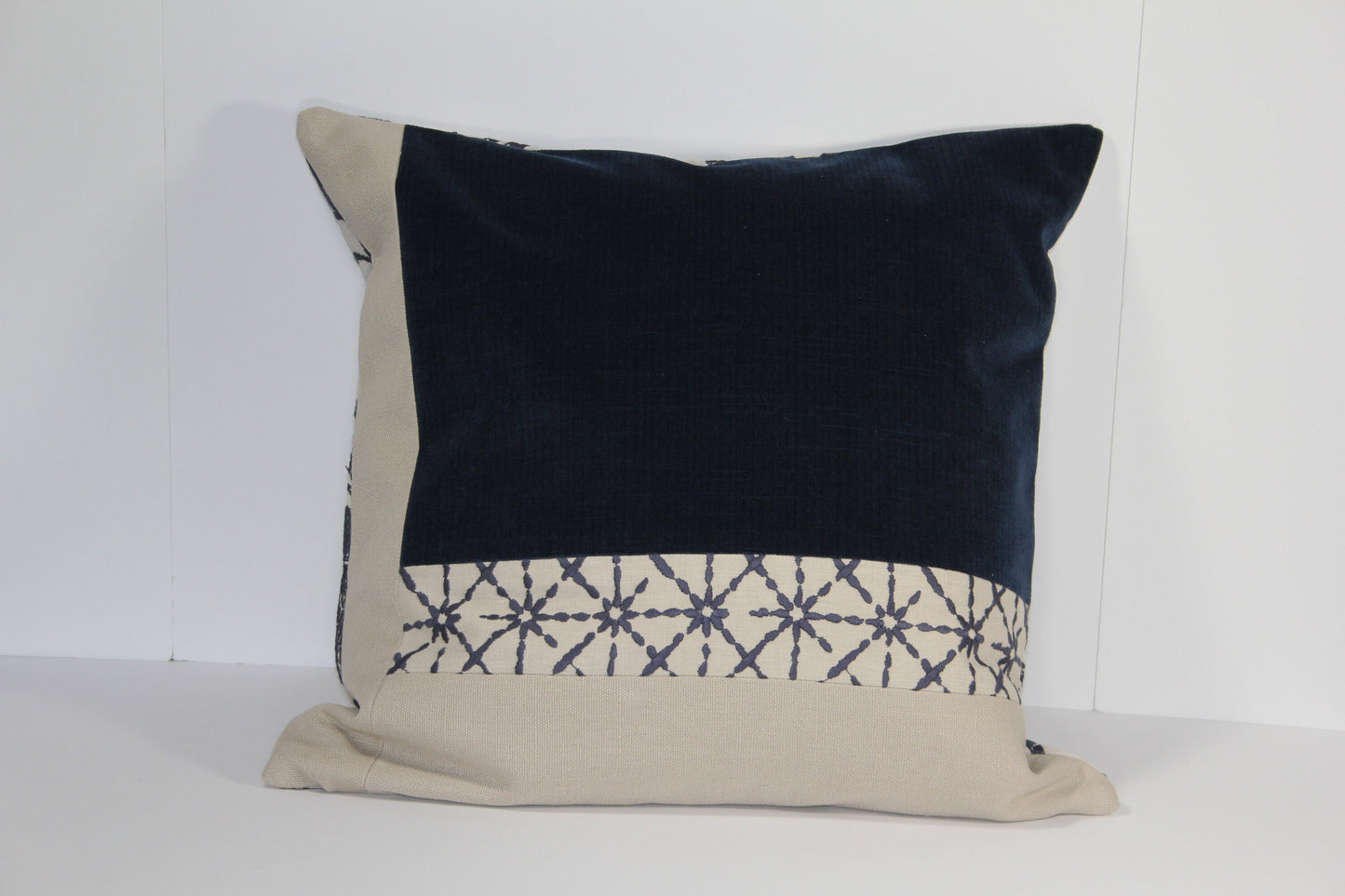 Boho Blue Velvet & Embroidered Linen 20" Pillow Cover