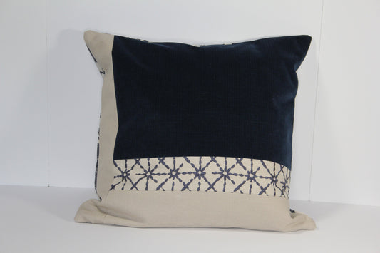 Boho Blue Velvet & Embroidered Linen 20" Pillow Cover