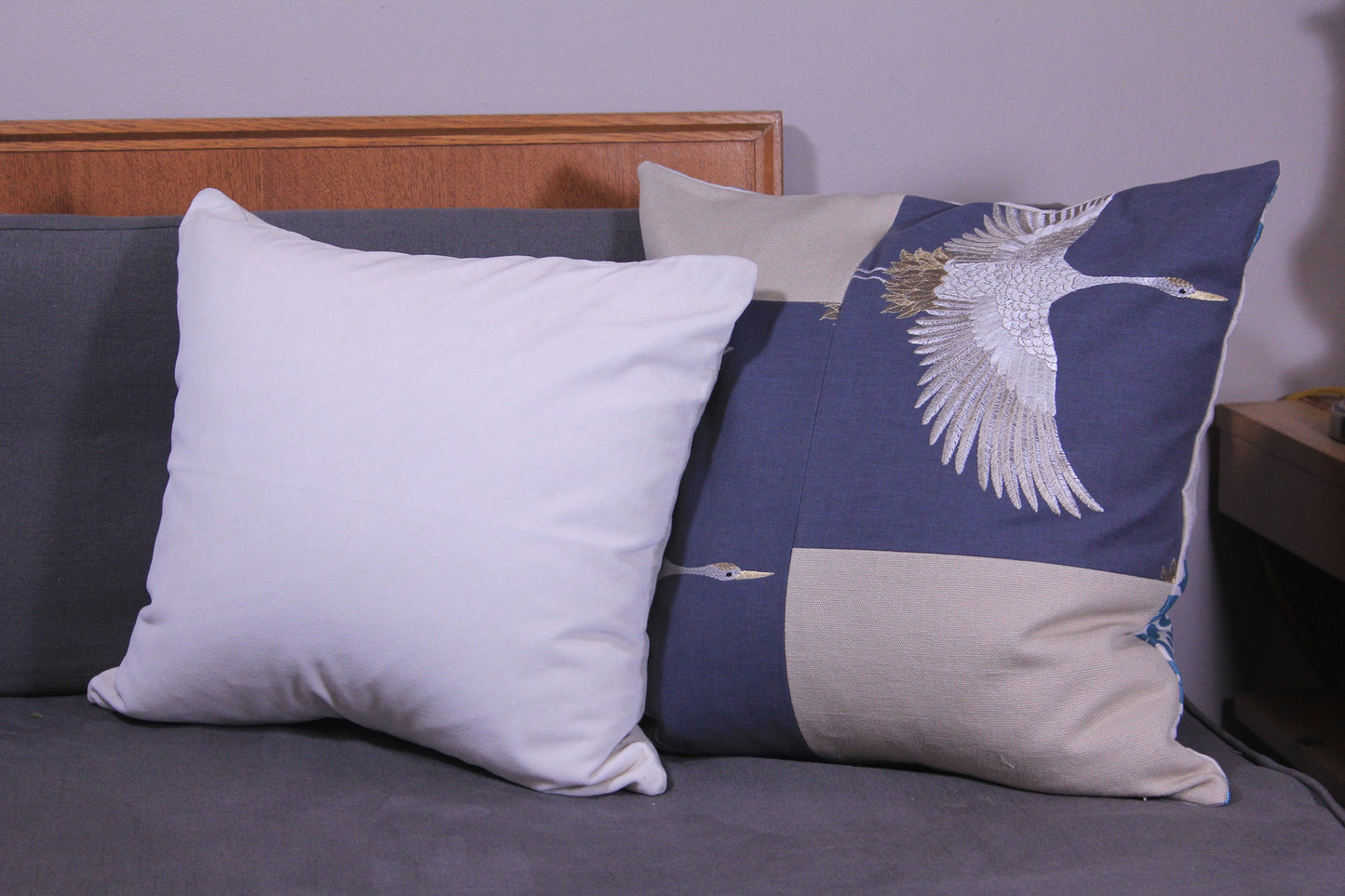 Linen 20" Pillow Cover with Embroidered Cranes