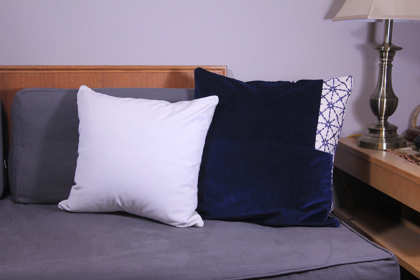 Embroidered Linen & Boho Blue Velvet 20" Pillow Cover
