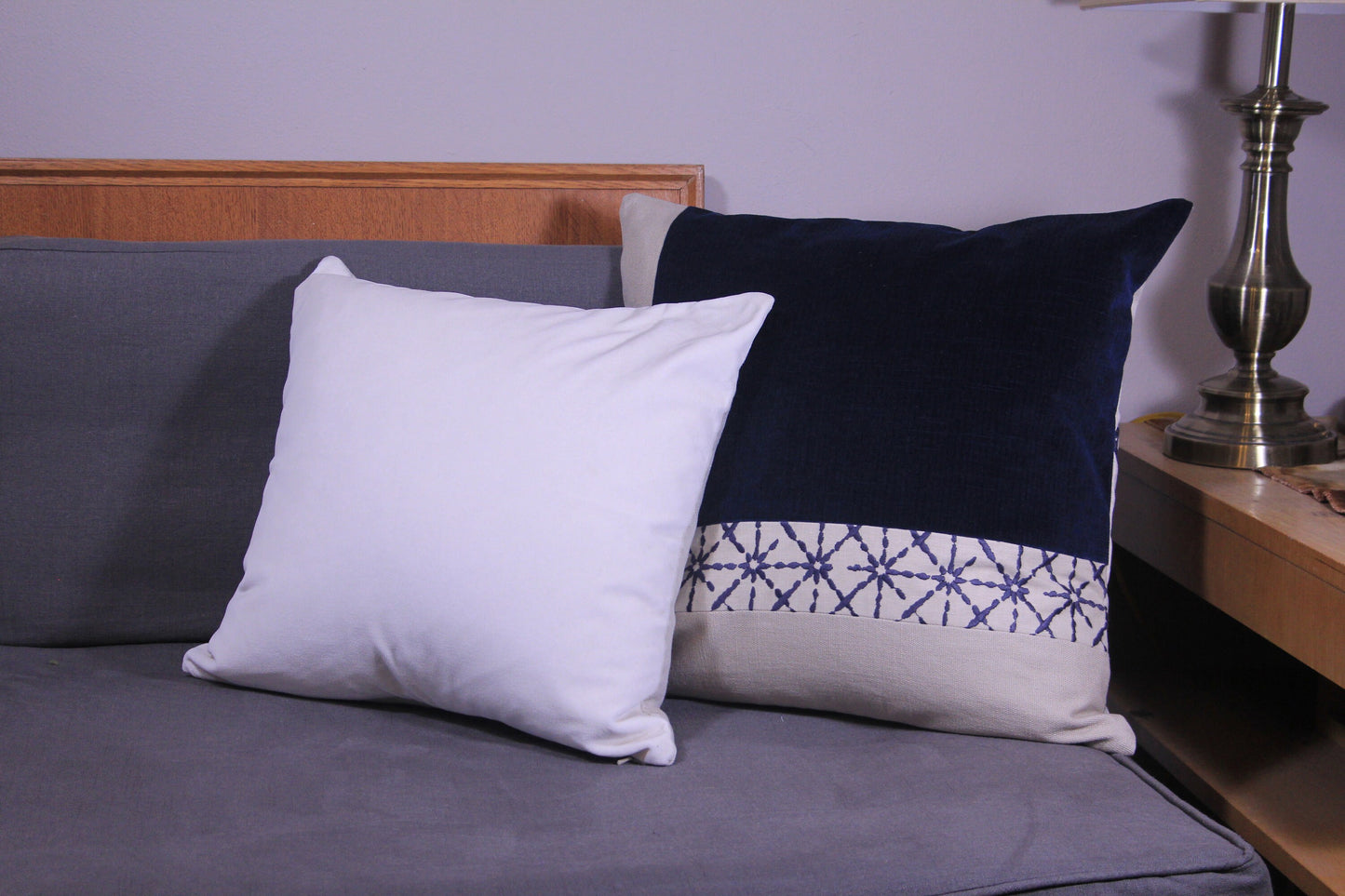 Boho Blue Velvet & Embroidered Linen 20" Pillow Cover