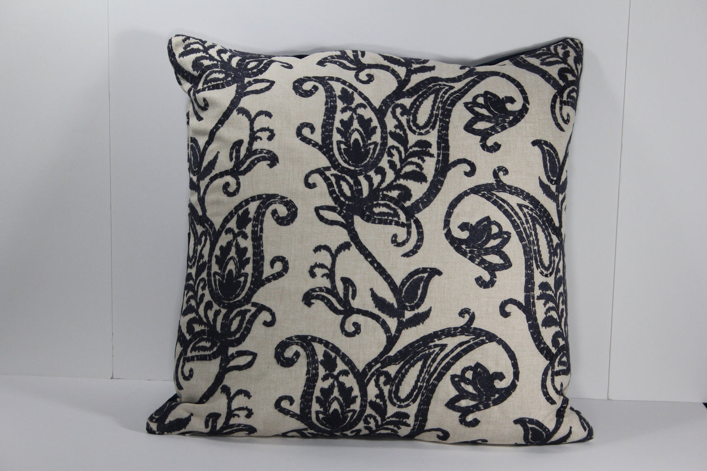 Embroidered Linen & Boho Blue Velvet 20" Pillow Cover