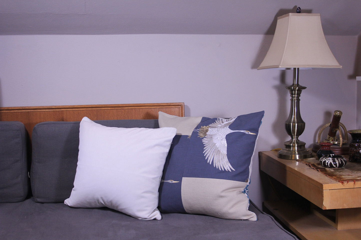 Linen 20" Pillow Cover with Embroidered Cranes