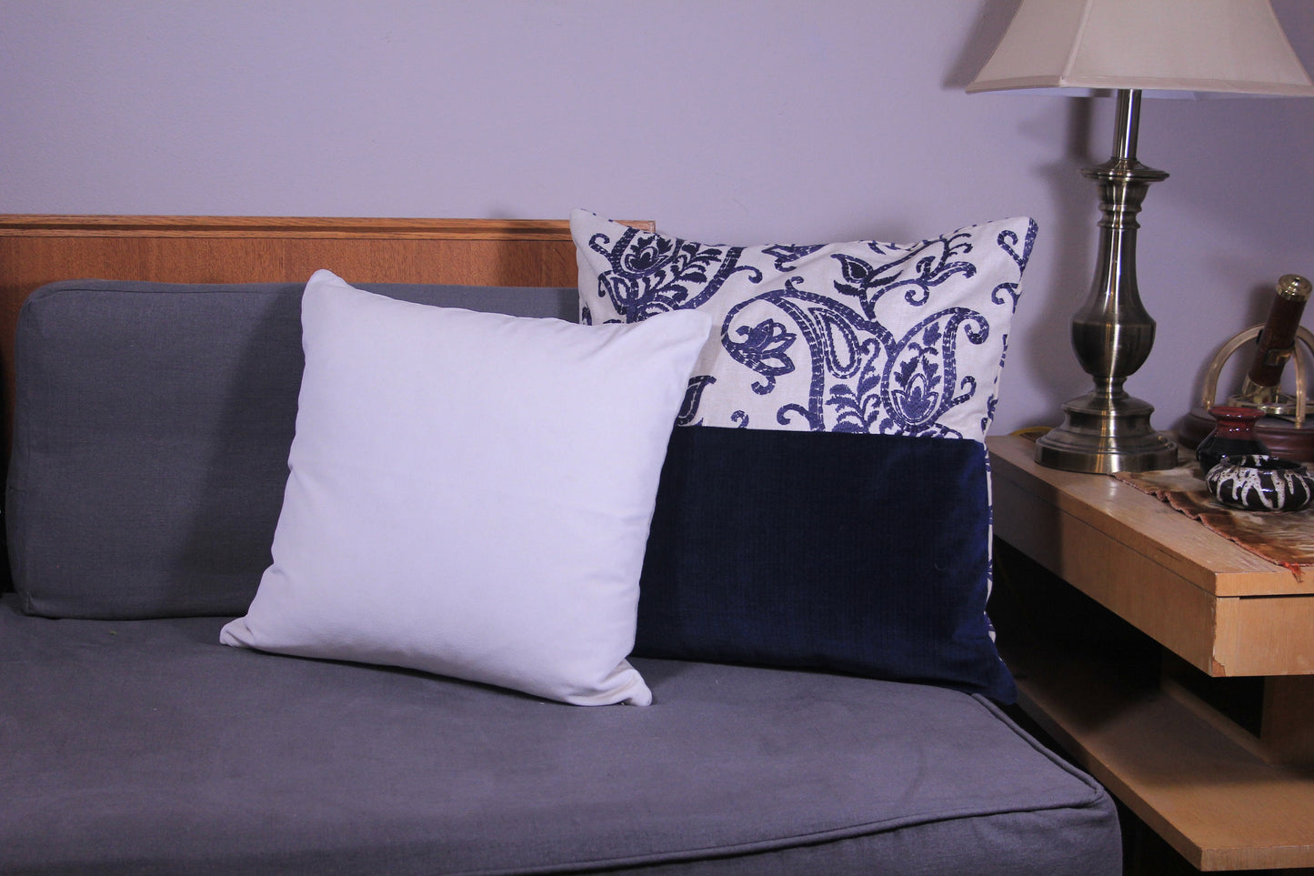 Boho Blue Velvet & Embroidered Floral Linen 20" Pillow Cover