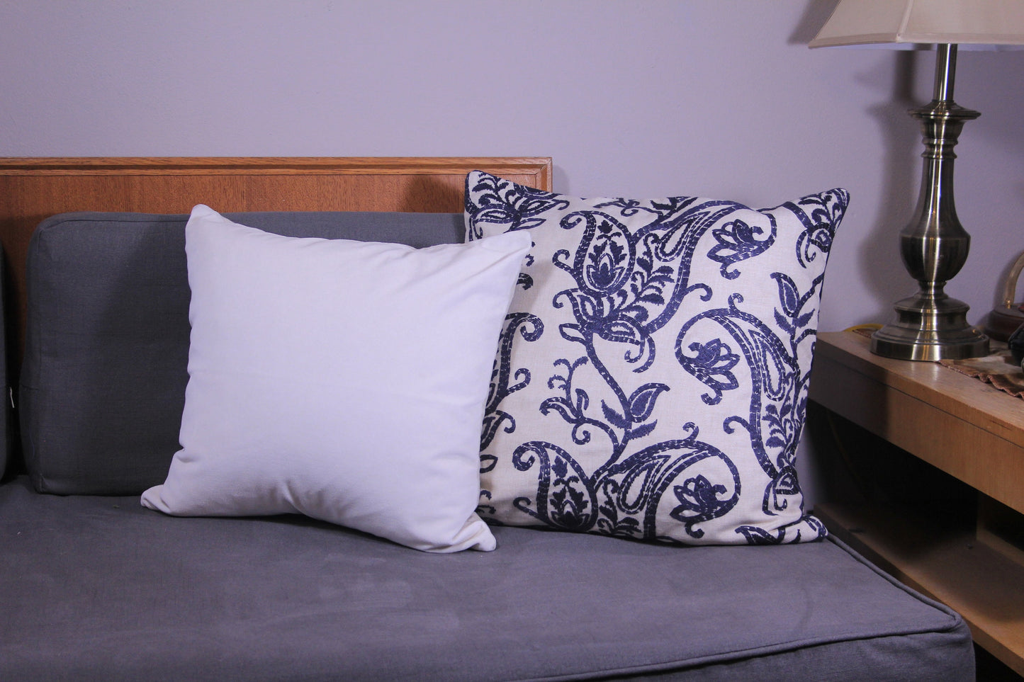 Embroidered Linen & Boho Blue Velvet 20" Pillow Cover
