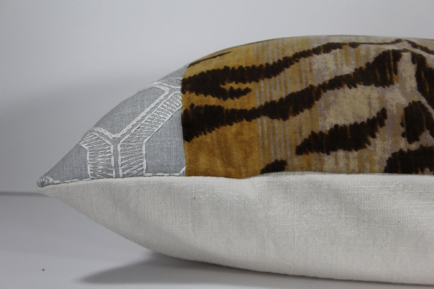 Braemore Tiger Velvet & Embroidered Grey Linen 20” pillow cover