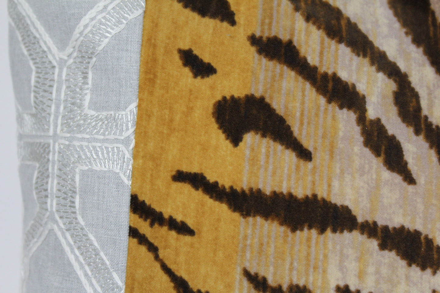Braemore Tiger Velvet & Embroidered Grey Linen 20” pillow cover