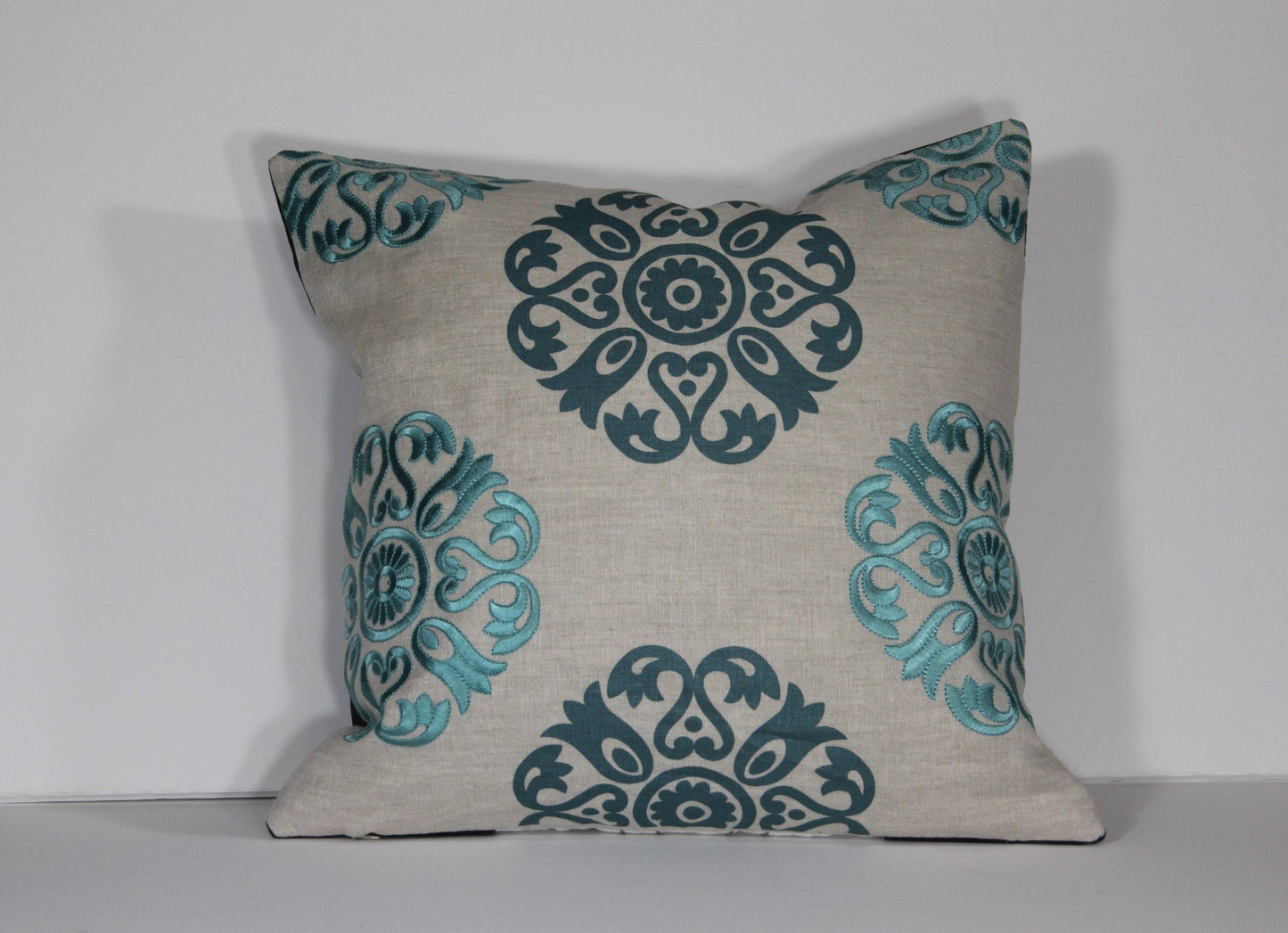 Grey velvet and embroidered linen 20” pillow cover