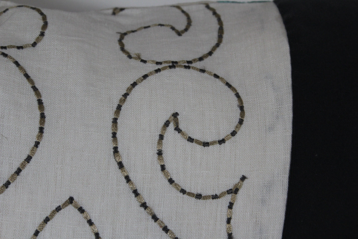Grey velvet and embroidered linen 20” pillow cover