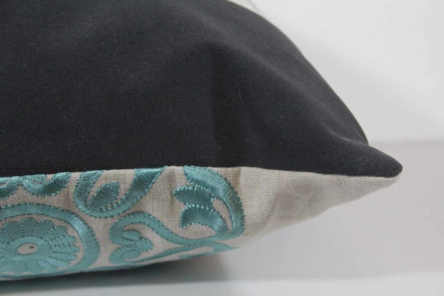 Grey velvet and embroidered linen 20” pillow cover
