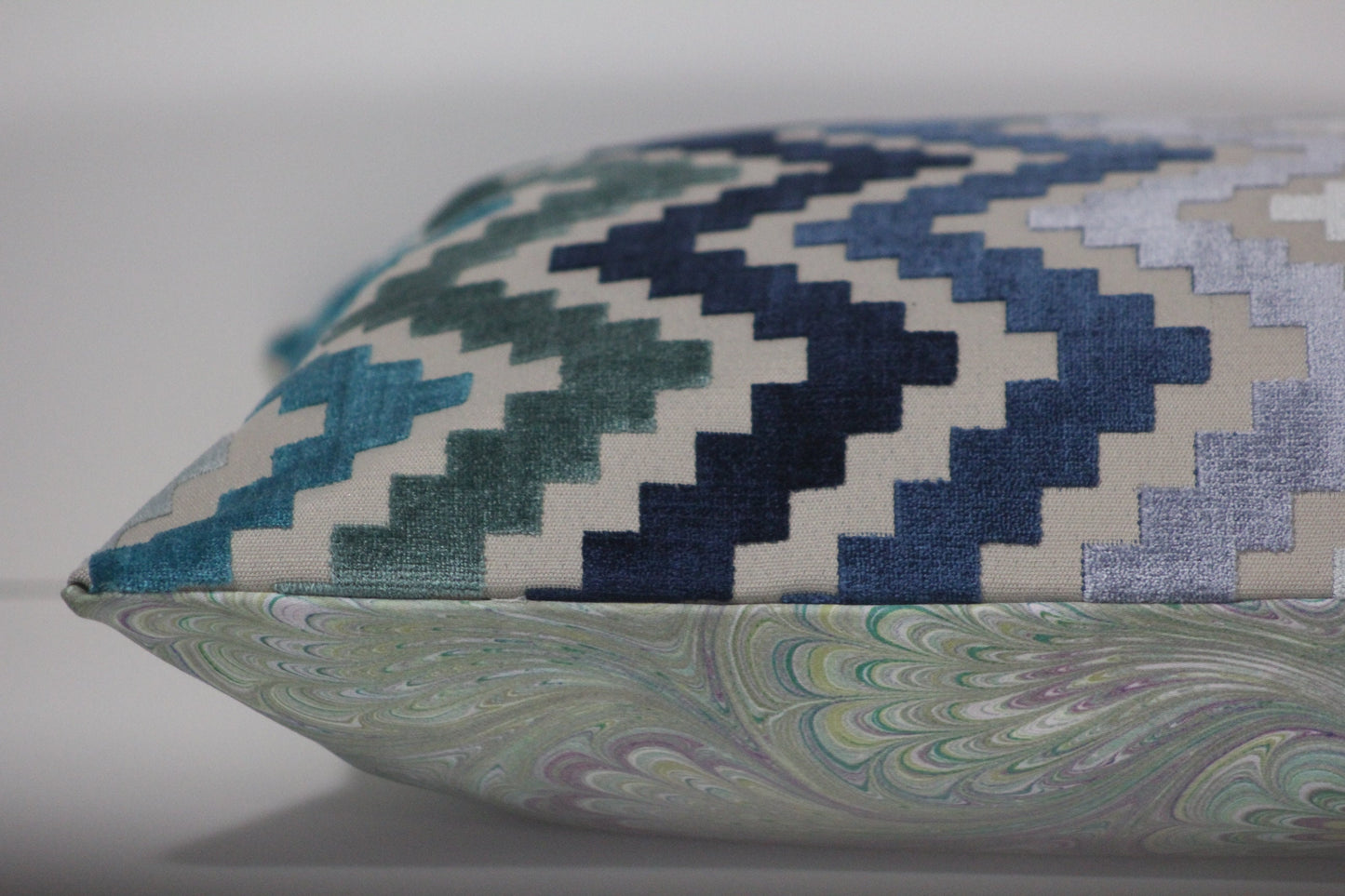 Ziggurat design blue cut velvet 20" pillow cover