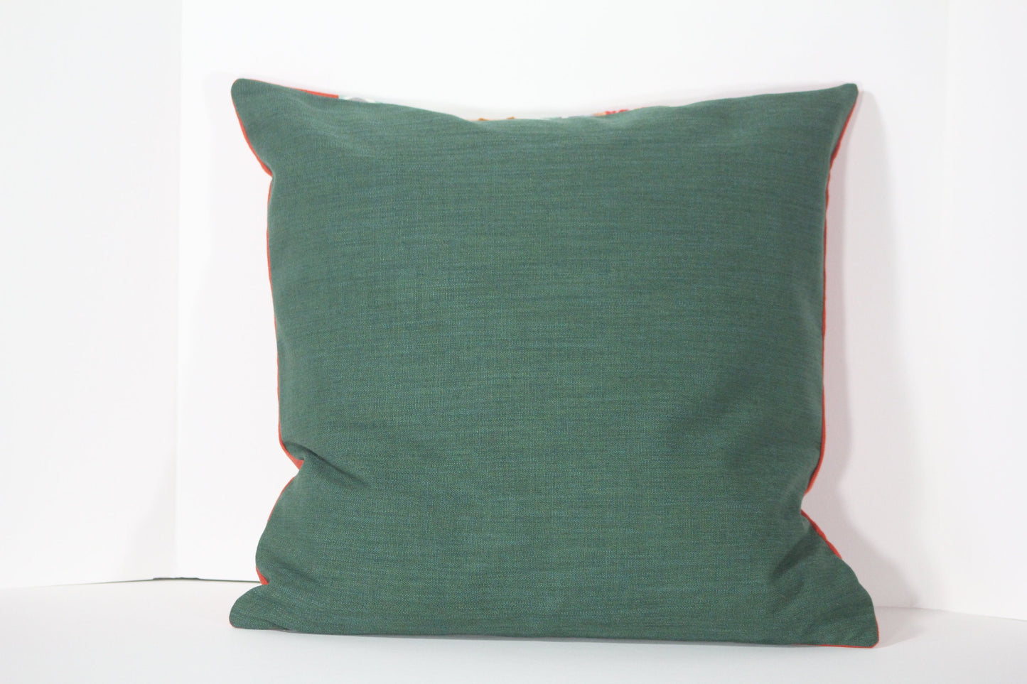 Embroidered tropical print and orange linen 20” pillow cover