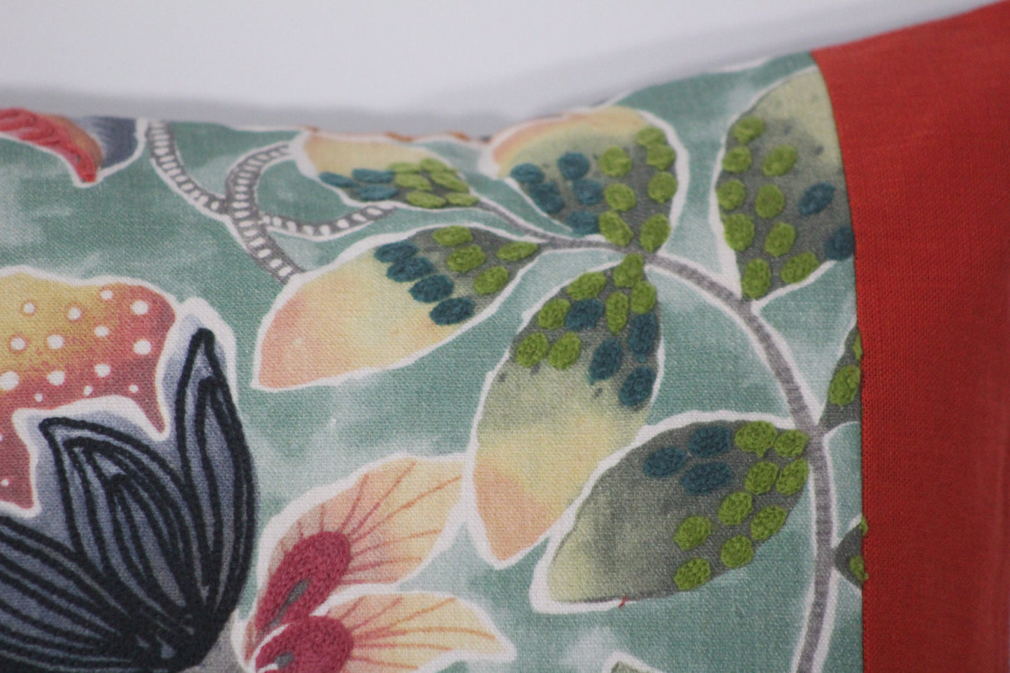 Embroidered tropical print and orange linen 20” pillow cover