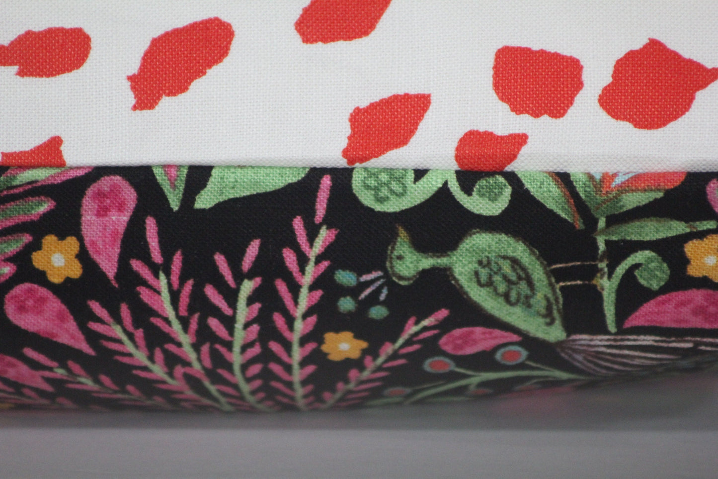 Big Ditty panel & orange linen, backed with Peaceful Perch 20” pillow cover