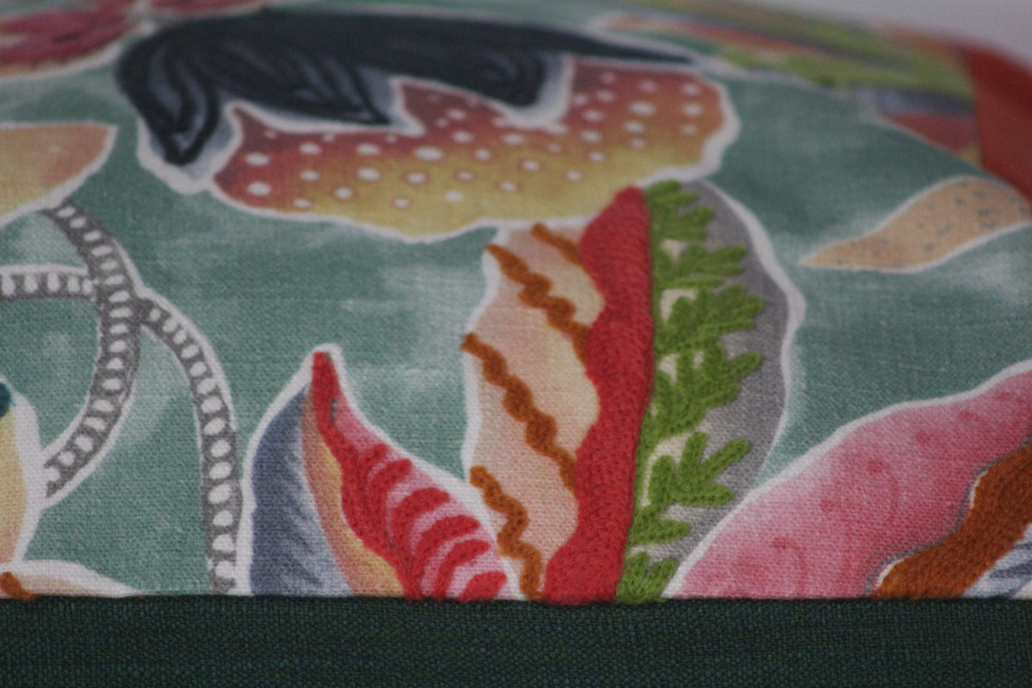 Embroidered tropical print and orange linen 20” pillow cover