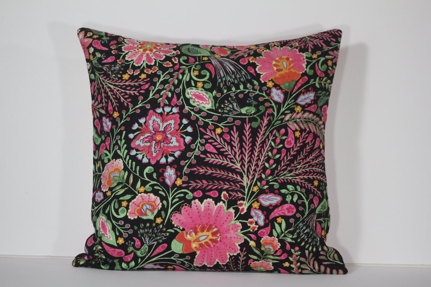 Big Ditty panel & orange linen, backed with Peaceful Perch 20” pillow cover