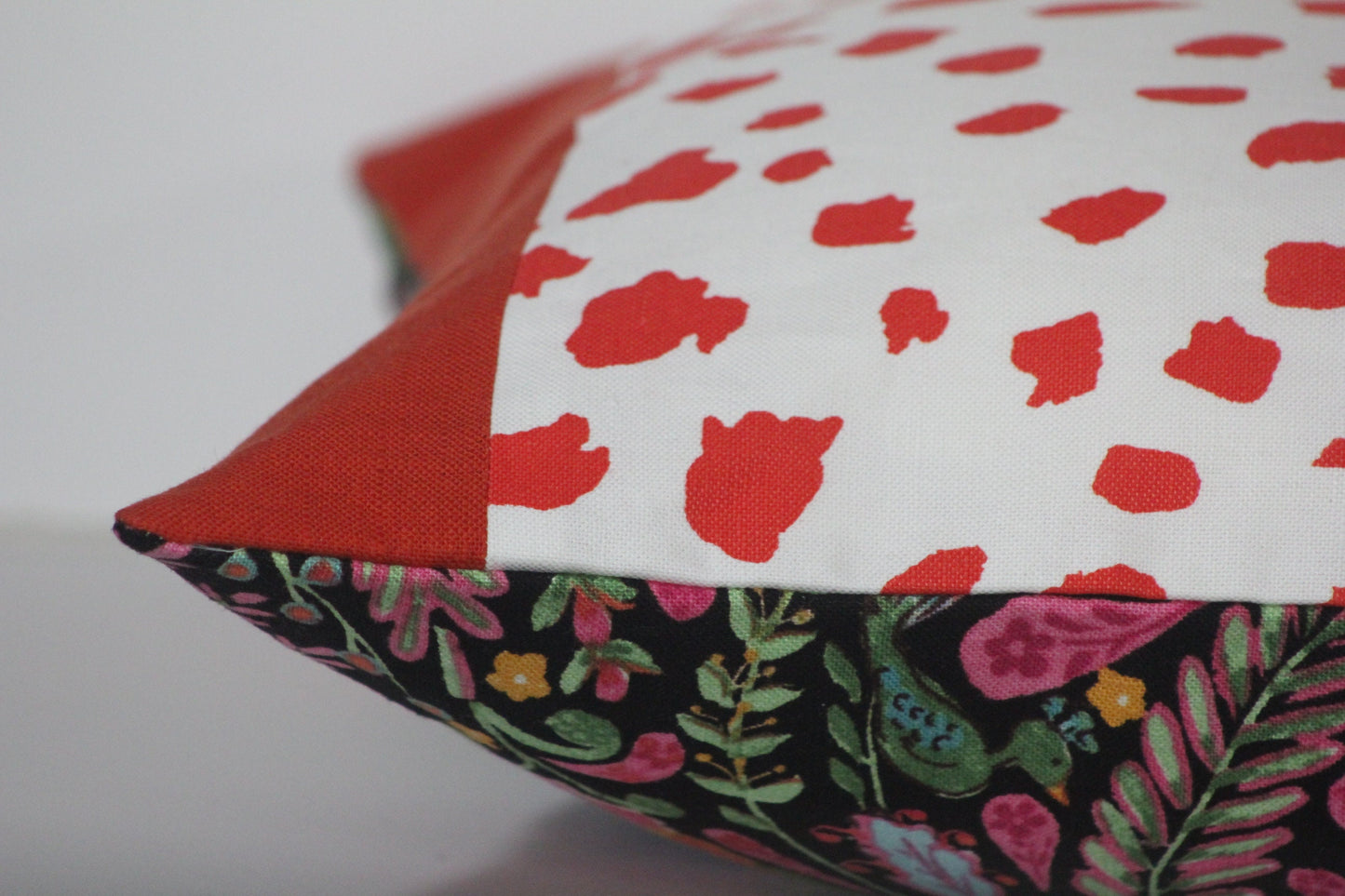 Big Ditty panel & orange linen, backed with Peaceful Perch 20” pillow cover