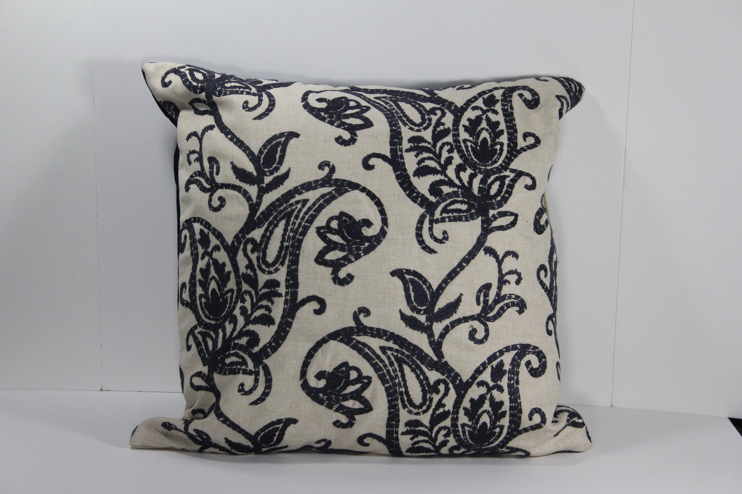 Boho Blue Velvet & Embroidered Linen 20" Pillow Cover