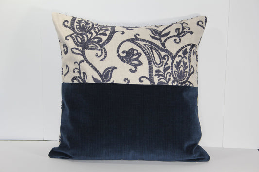 Boho Blue Velvet & Embroidered Floral Linen 20" Pillow Cover