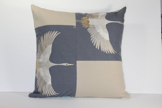 Linen 20" Pillow Cover with Embroidered Cranes