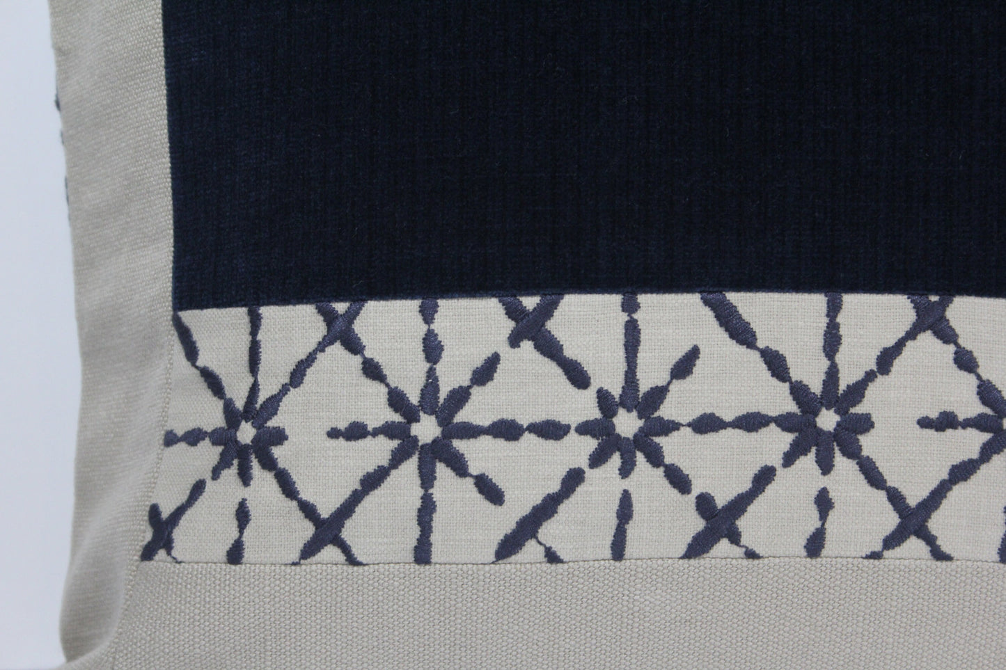 Boho Blue Velvet & Embroidered Linen 20" Pillow Cover