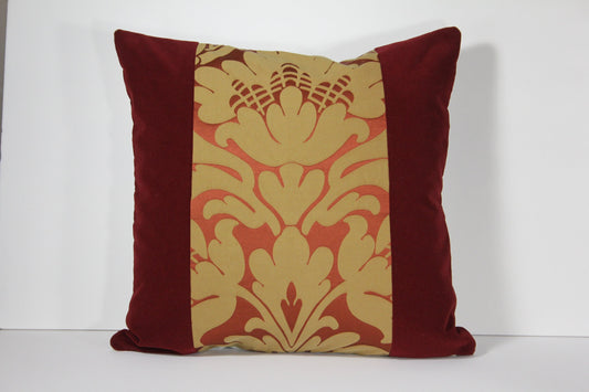 Orange Silk Damask and Red Velvet 20” panel pillow cover