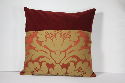 Red Velvet and Orange Silk Damask 20” pillow cover