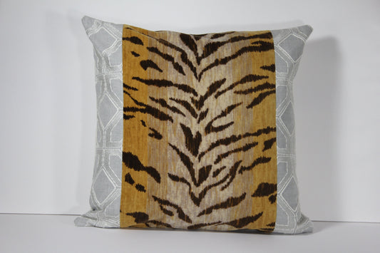 Braemore Tiger Velvet & Embroidered Grey Linen 20” pillow cover