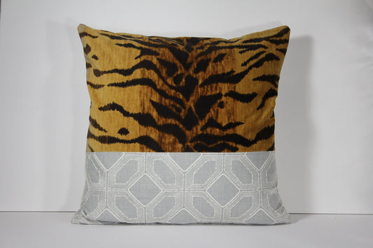 Embroidered Grey Linen & Braemore Tiger Velvet 20” pillow cover