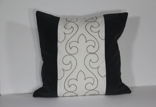 Grey velvet and embroidered linen 20” pillow cover