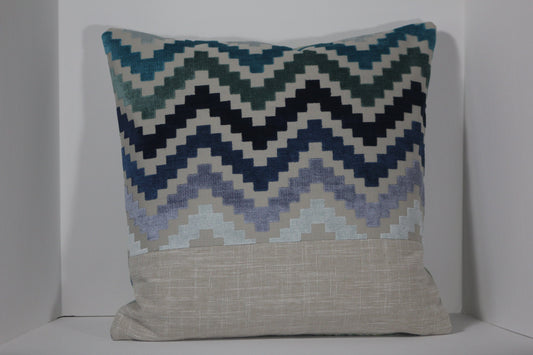 Ziggurat design blue cut velvet 20" pillow cover