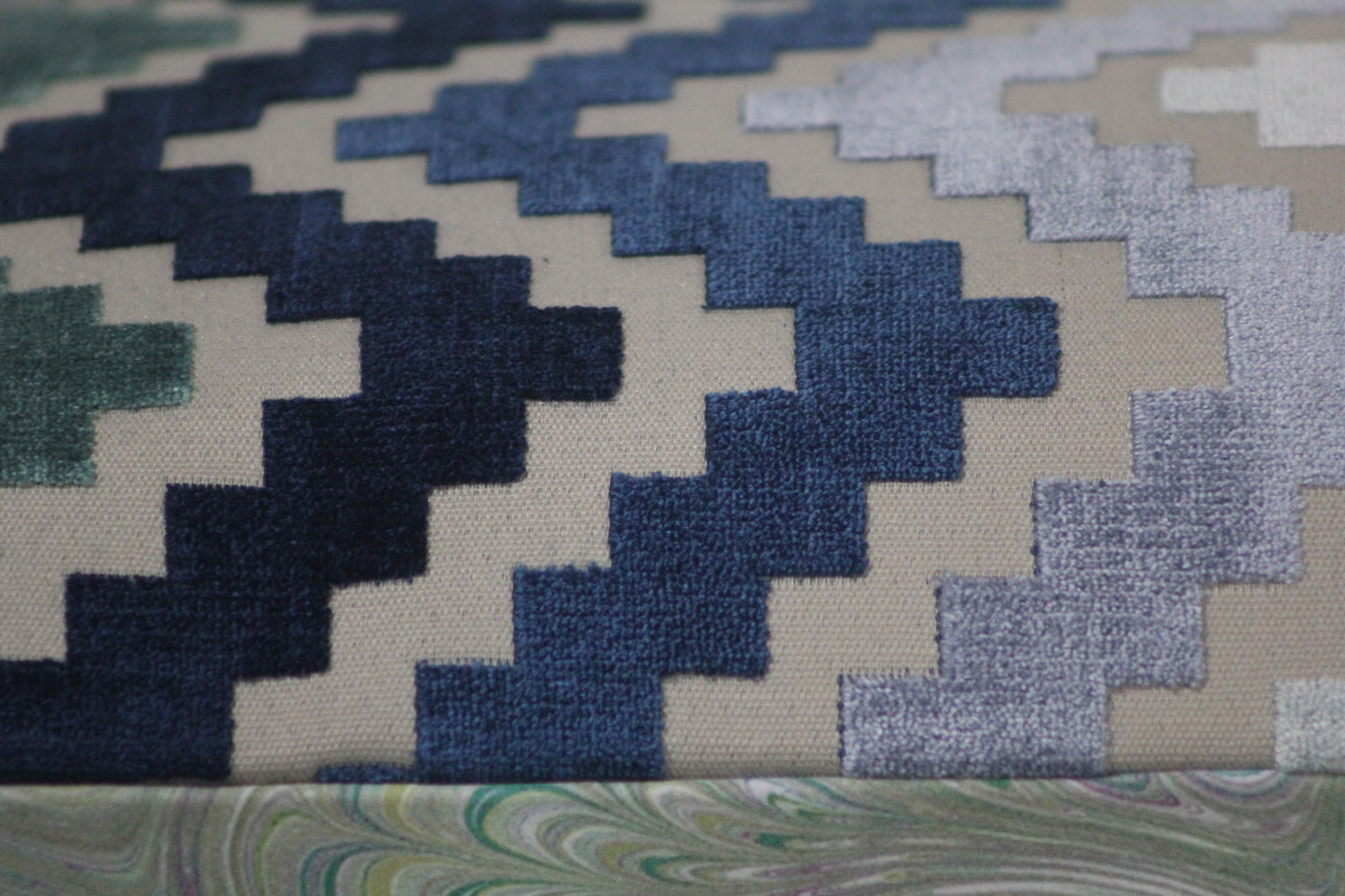 Ziggurat design blue cut velvet 20" pillow cover