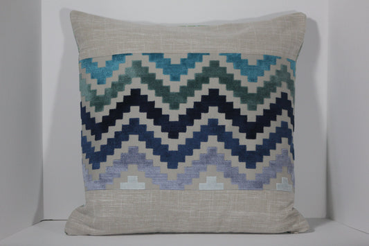 Ziggurat design blue cut velvet 20" panel pillow cover