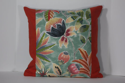 Embroidered tropical print and orange linen 20” pillow cover